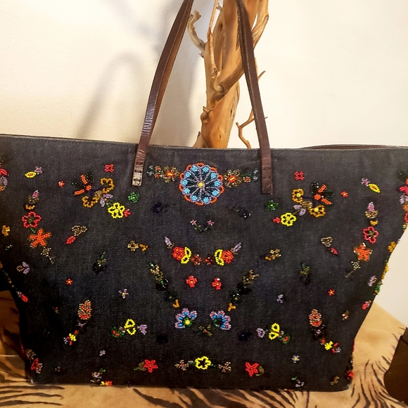 FENDI-Dk. Denim Beaded Emb. Tote Handbag- Vintage RARE - Picture 6 of 13